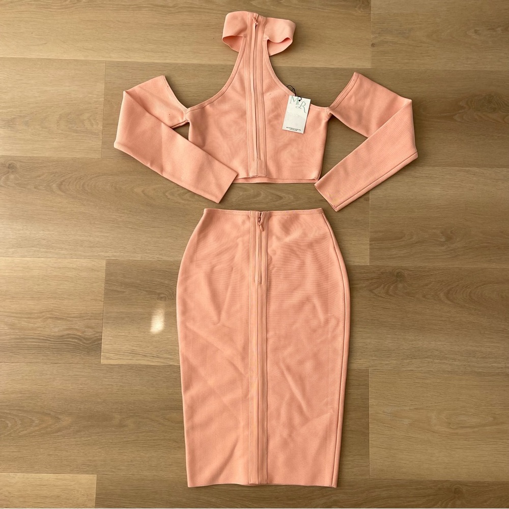 NWT Mistress Rocks Coral Peach Bandage Bodycon Skirt and Top Set Size Small - Picture 7 of 7